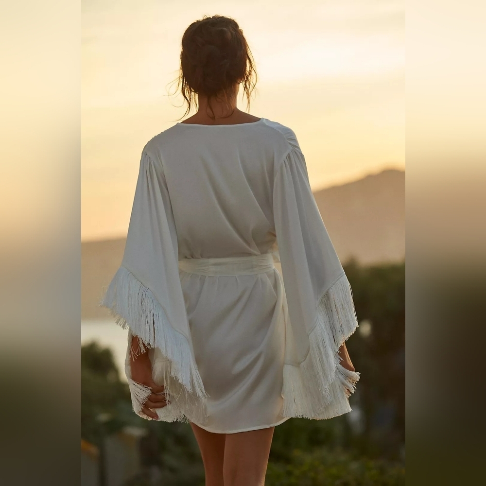 Homebodii Pricilla fringe Luxury White Satin Robe - Picture 2 of 16
